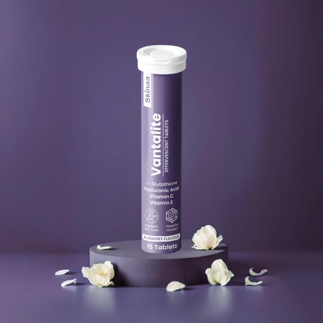 Skinaa Vantalite Effervescent Tablets with L-Glutathione, Hyaluronic Acid, Vitamin C, and Vitamin E in blueberry flavor. Supports skin brightening, hydration, and overall wellness